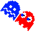 Pixel Pac-Man with Blue Ghost and Blinky